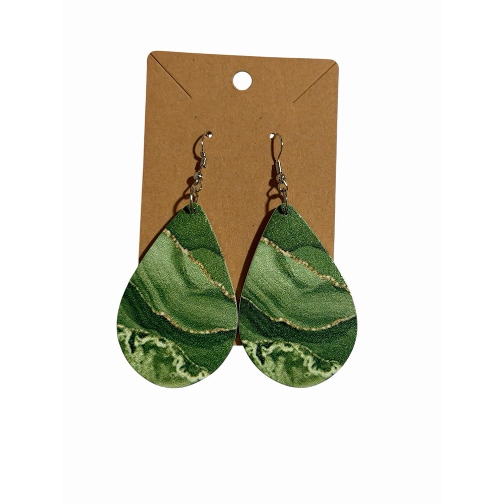 Green Marble Teardrop Earrings Faux Leather Gold Vein Dangle‎ Fishhook Wires